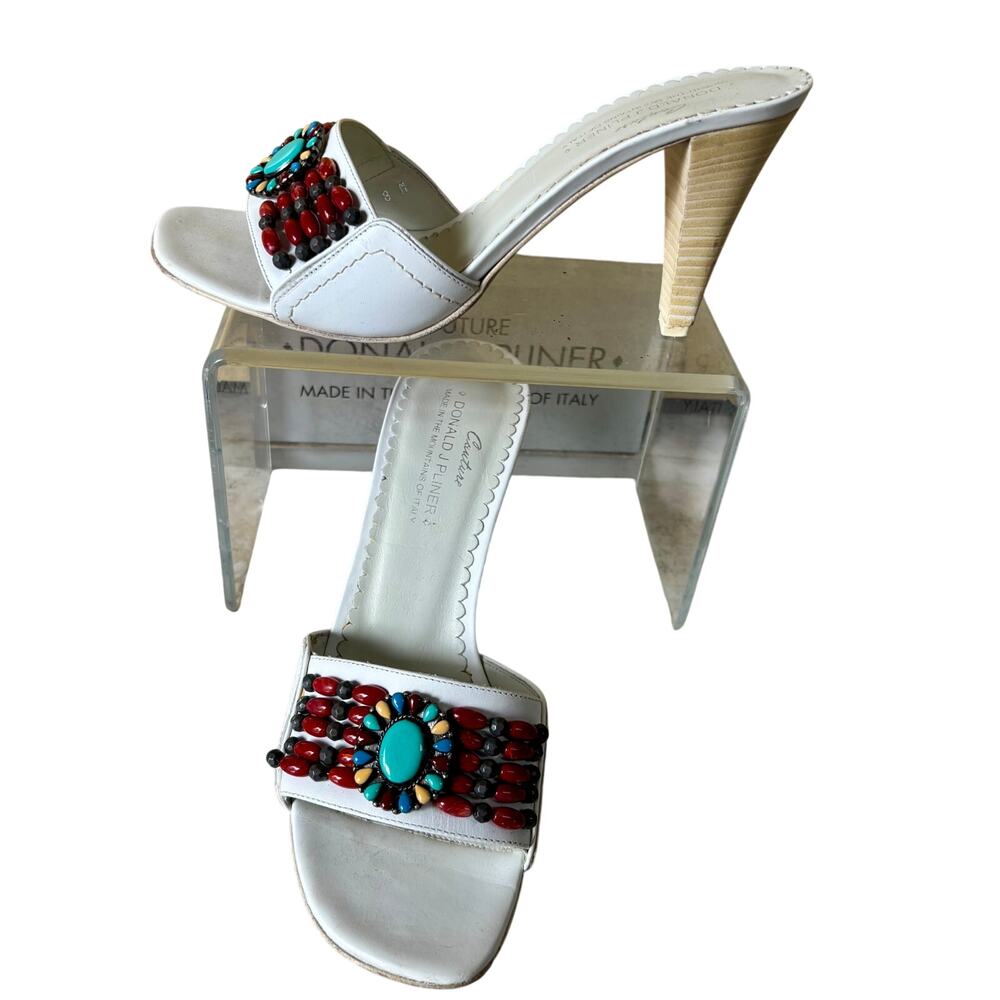 Donald Pliner White Leather Shoe Colorful Stones Sandal Slide Non Skid $275 Sz 8